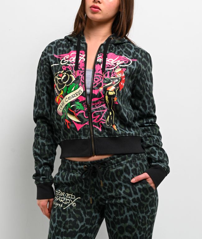Ed Hardy Anchor Rose Green Leopard Crop Zip Hoodie - Ed Hardy