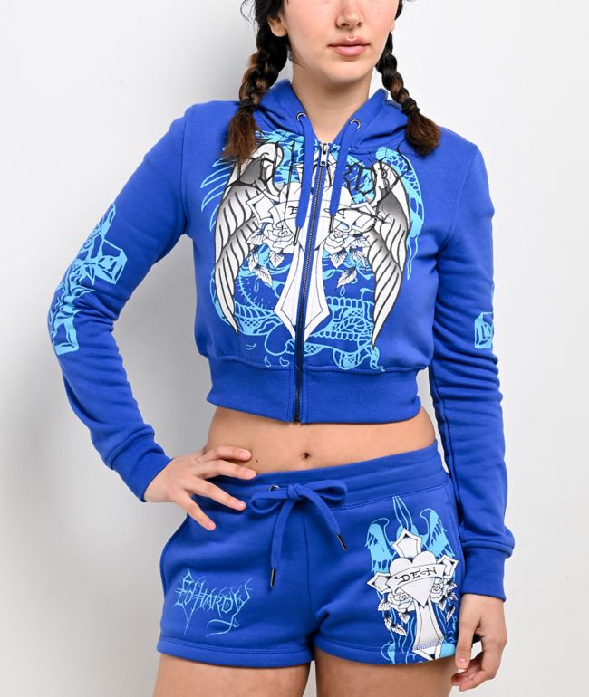 Ed Hardy Cross Wings Royal Blue Crop Zip Hoodie - Ed Hardy