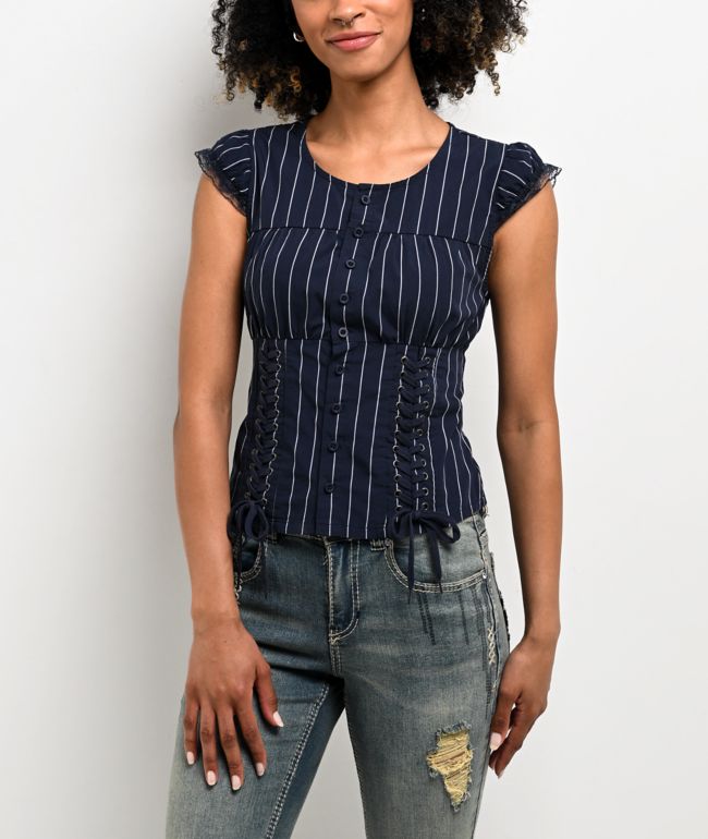 Ninth Hall Adrian Blue Pinstripe Button Up Top - Ninth Hall