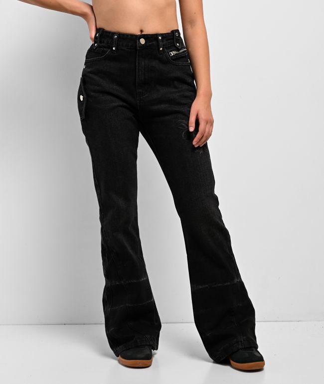 Insomnia Visuals Thorns Black Wash Mid Rise Flare Jeans - Insomnia Visuals