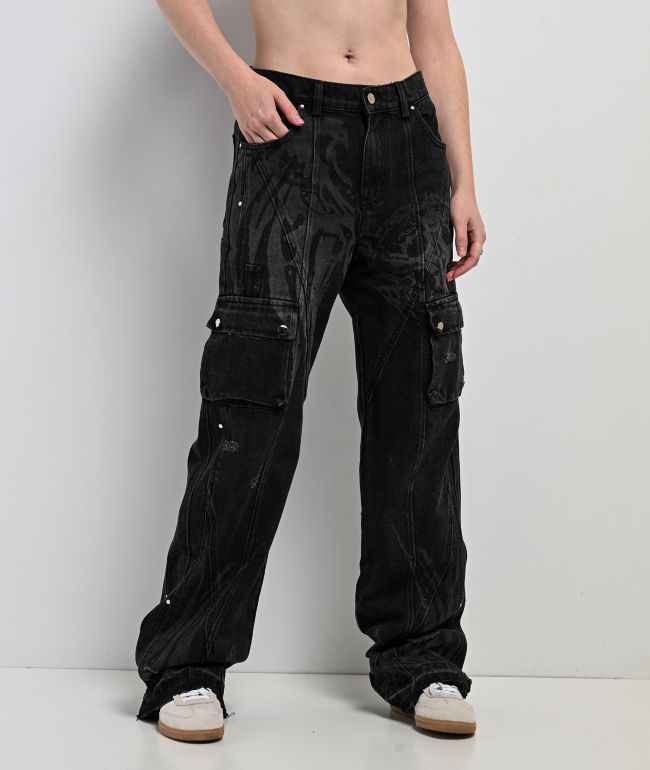 Insomnia Visuals Destroyer Black Wash Wide Leg Cargo Jeans - Insomnia Visuals