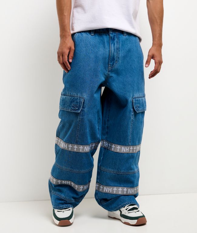 Ninth Hall Astray Strapped Blue Wash Ultra Wide Cargo Jeans - Ninth Hall