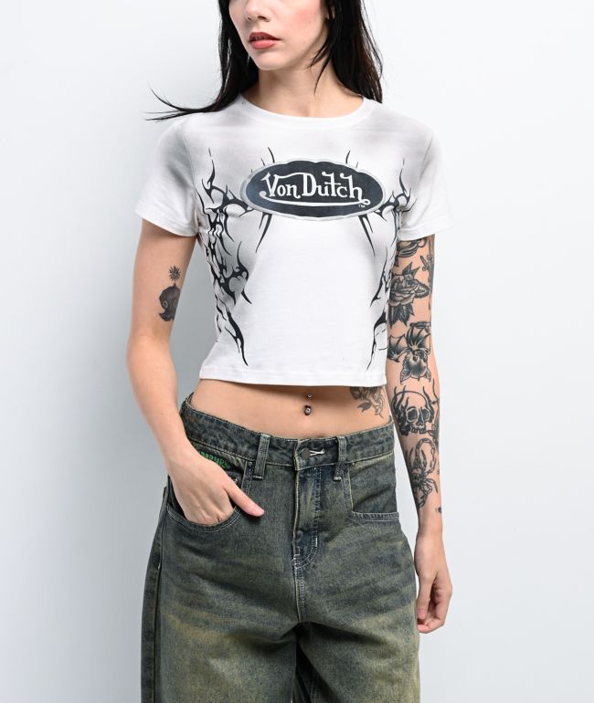 Von Dutch Gardenia Mineral Wash White Crop T-Shirt - Von Dutch