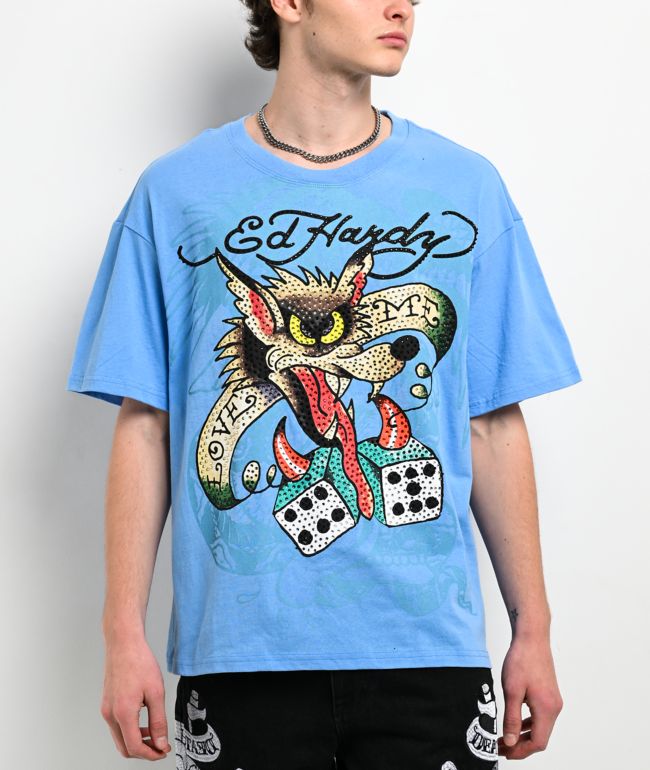 Ed Hardy Wolf Dice Rhinestone Blue T-Shirt - Ed Hardy