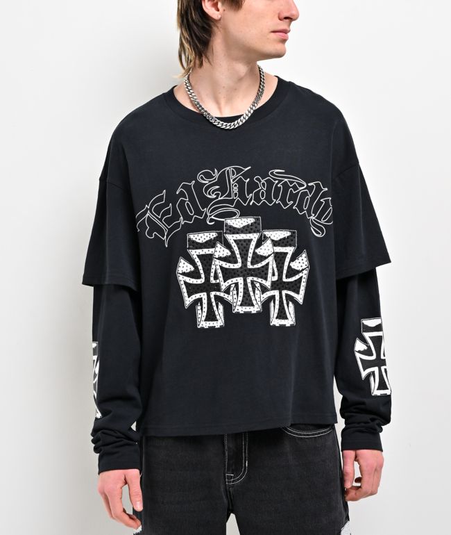 Ed Hardy Crosses Rhinestone Black 2fer Long Sleeve T-Shirt - Ed Hardy