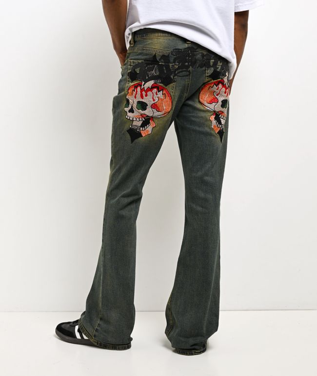 Ed Hardy Skull Crosses Blue Wash Bootcut Jeans - Ed Hardy
