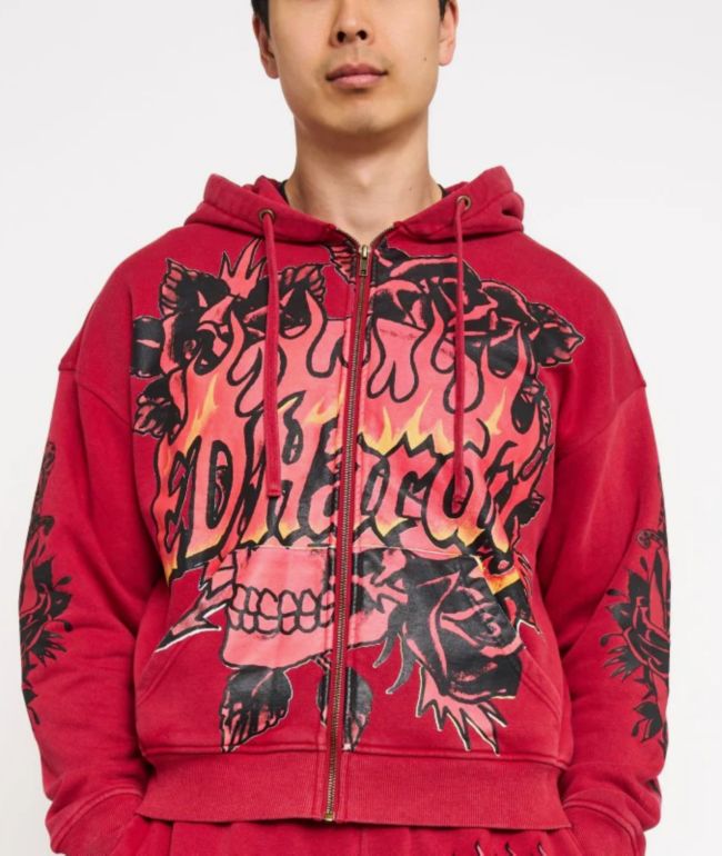 Ed Hardy Skull Flowers Red Zip Hoodie - Ed Hardy