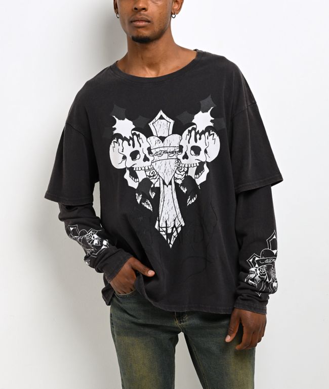 Ed Hardy Cross Skull Black Wash 2fer Long Sleeve T-Shirt - Ed Hardy