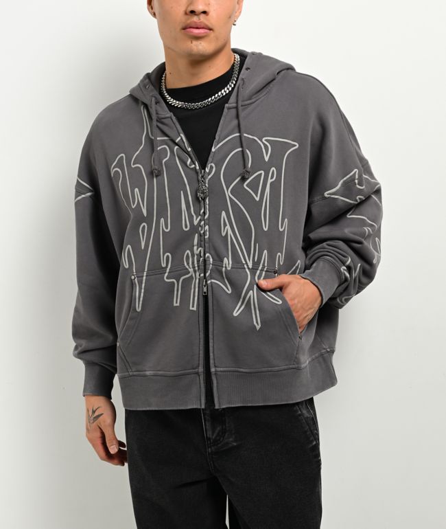 Vitriol Stud Grey Wash Boxy Zip Hoodie - Vitriol