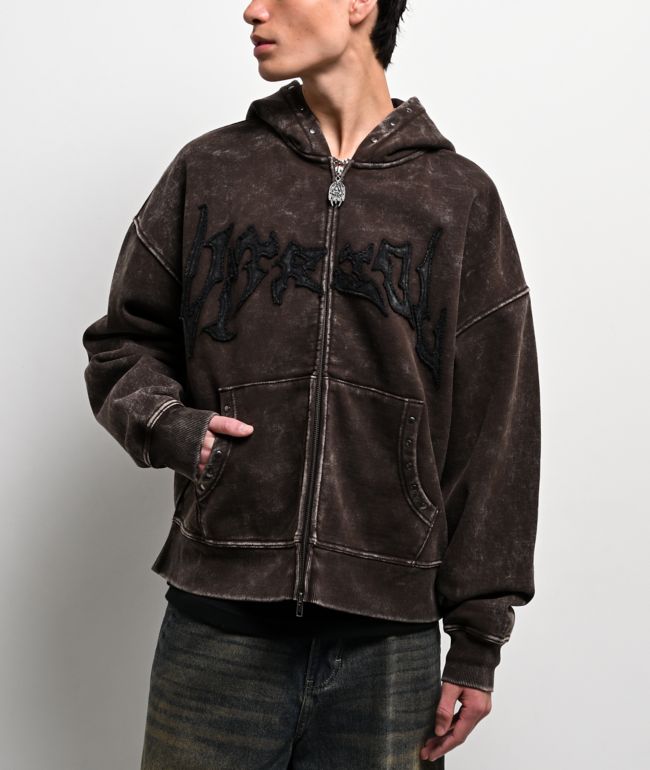Vitriol Death Grip Brown Wash Crop Zip Hoodie - Vitriol