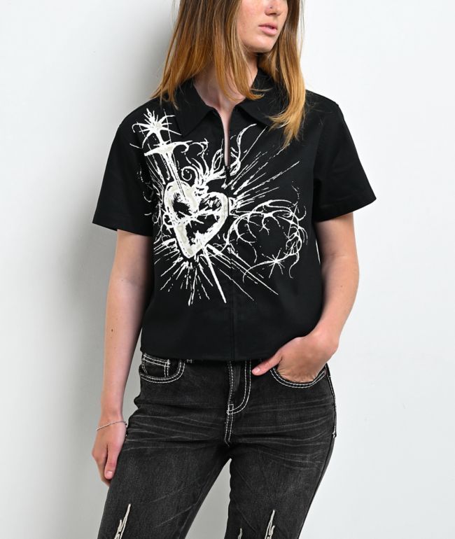Vitriol Valerie Black Crop Zip Short Sleeve Shirt - Vitriol
