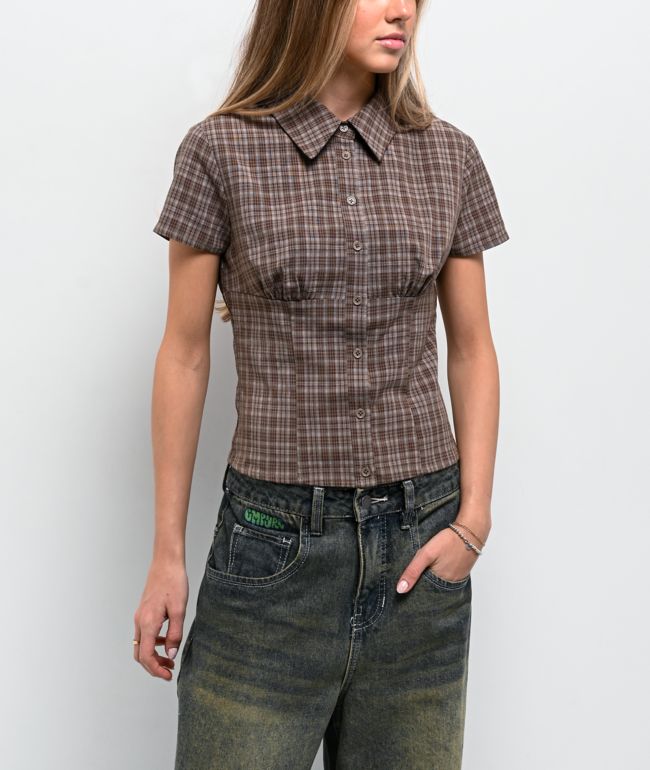 Pretty Garbage Lorane Brown Plaid Crop Button Up Shirt - Pretty Garbage
