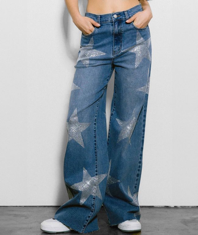 Vibrant miu Star Rhinestone Blue Wide Leg Jeans - Vibrant M.I.U