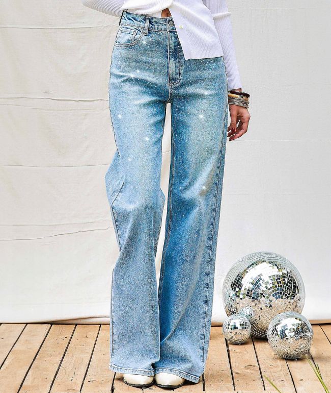 Vibrant Iridescent Rhinestone Light Stone Wash High Rise Wide Leg Jeans - Vibrant M.I.U