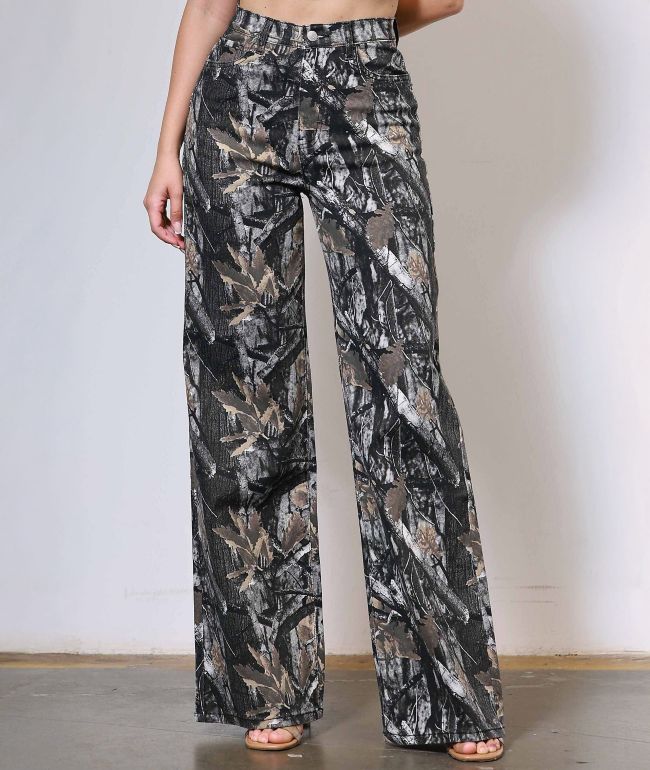 Vibrant Dark Wood Camo High Rise Wide Leg Jeans - Vibrant M.I.U
