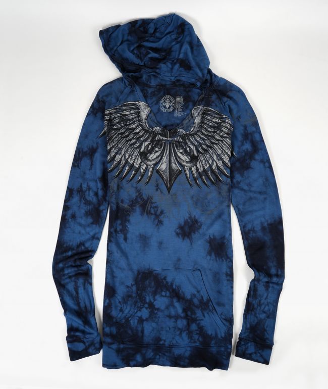 Affliction Blade Killer Blue & Black Tie Dye Long Hooded Top - Affliction