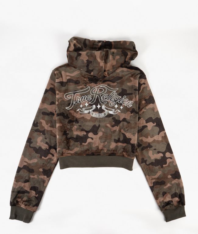 True Religion Camo Velour Shrunken Green Crop Zip Hoodie - True Religion