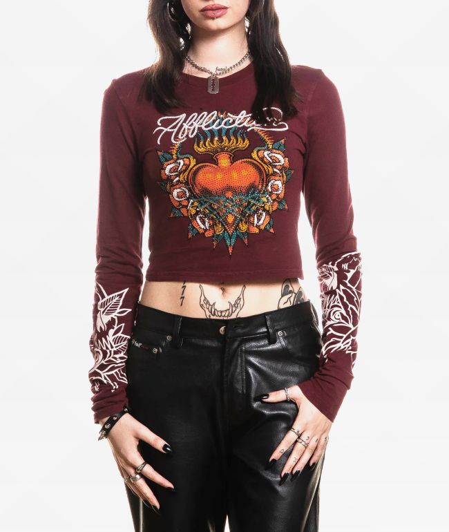 Affliction Eternal Oil Red Thermal Long Sleeve Crop T-Shirt - Affliction