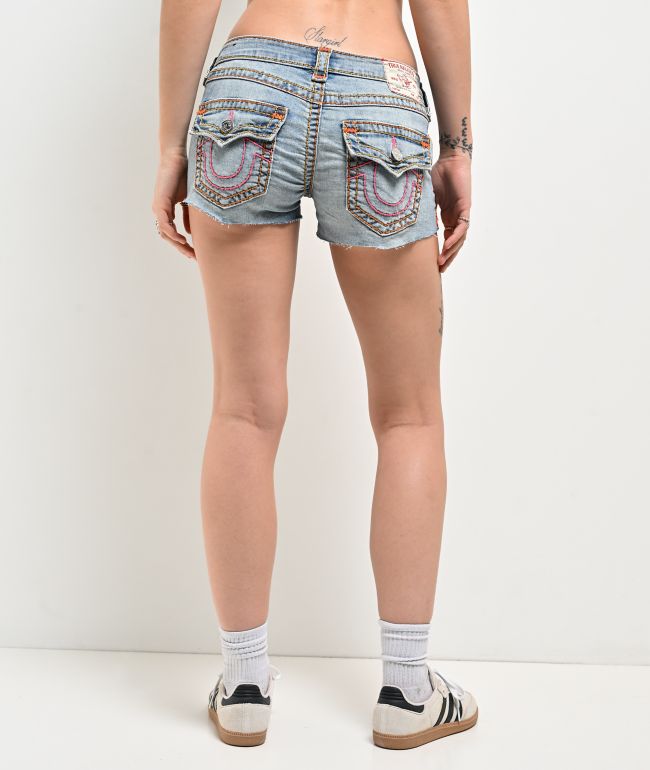 True Religion Joey Super T Flap Low Rise Light Blue Wash Shorts - True Religion