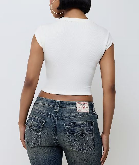 True Religion Heritage Ribbed V Notch Beige Crop T-Shirt - True Religion