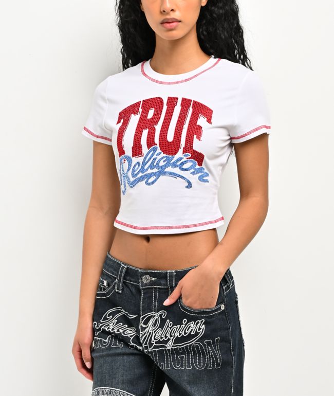True Religion Crystal Logo White Crop T-Shirt - True Religion