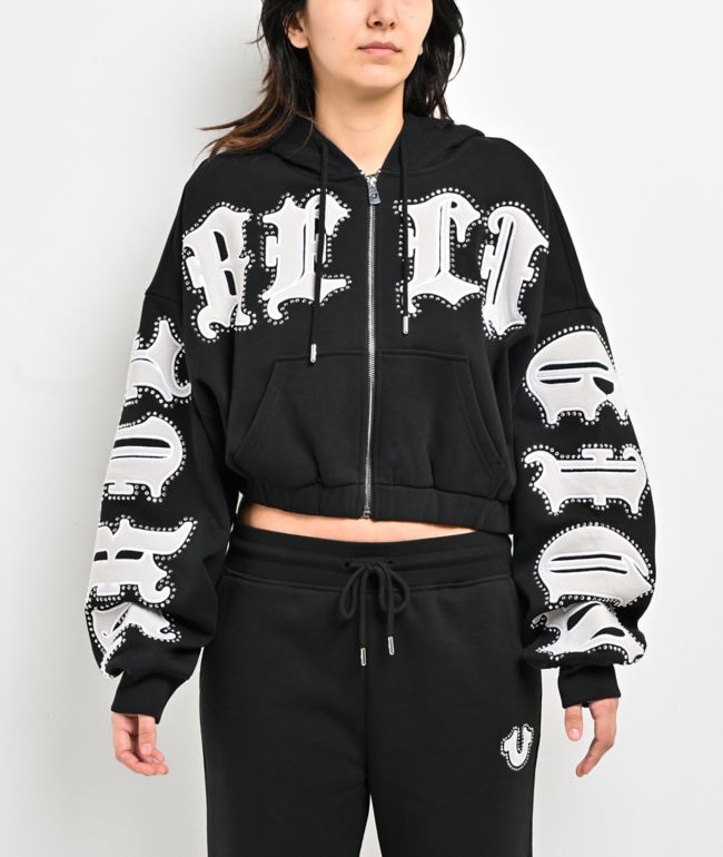 True Religion Crystal Patched Up Black Crop Zip Hoodie - True Religion