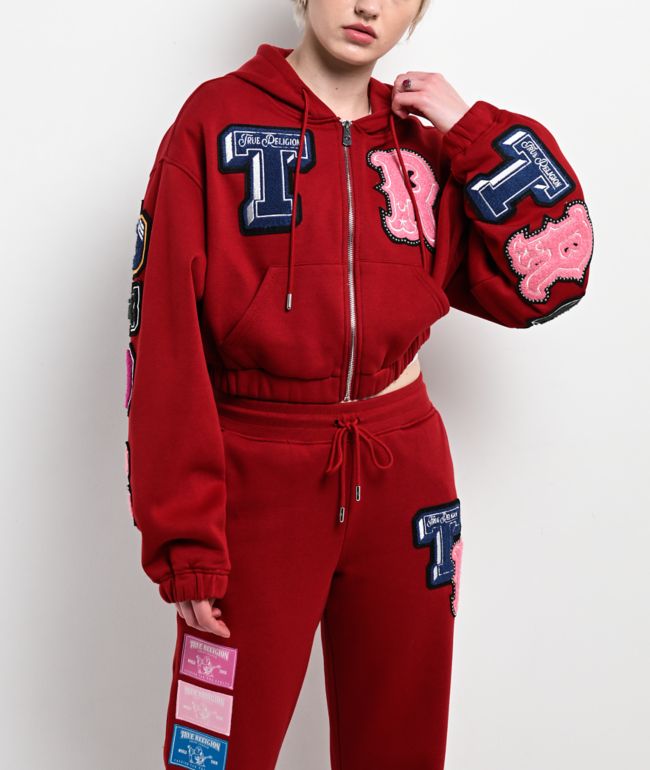 True Religion Crystal Patch Shrunken Red Crop Zip Hoodie - True Religion