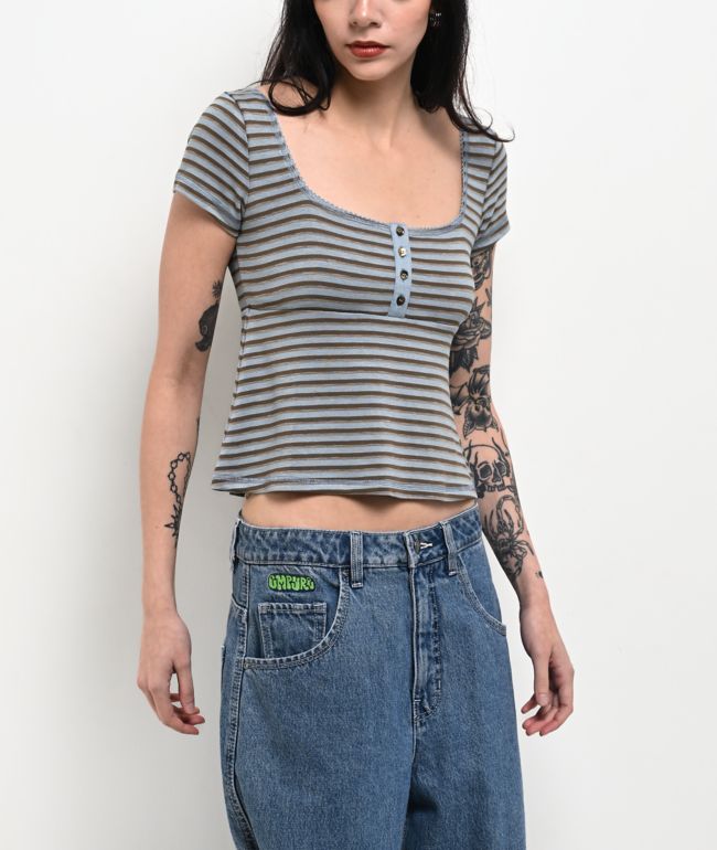 Pretty Garbage Juno Blue Henley Crop T-Shirt - Pretty Garbage