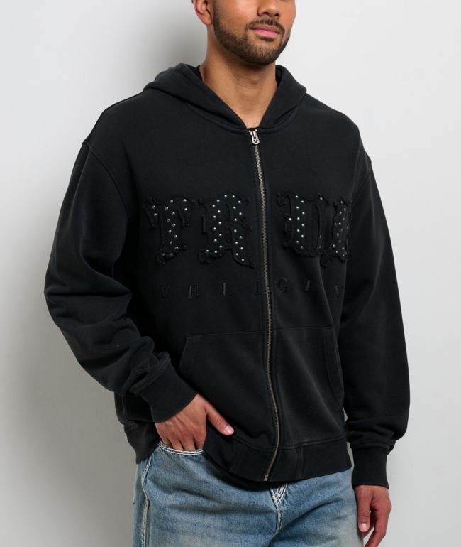True Religion Studded Logo Black Wash Zip Hoodie - True Religion