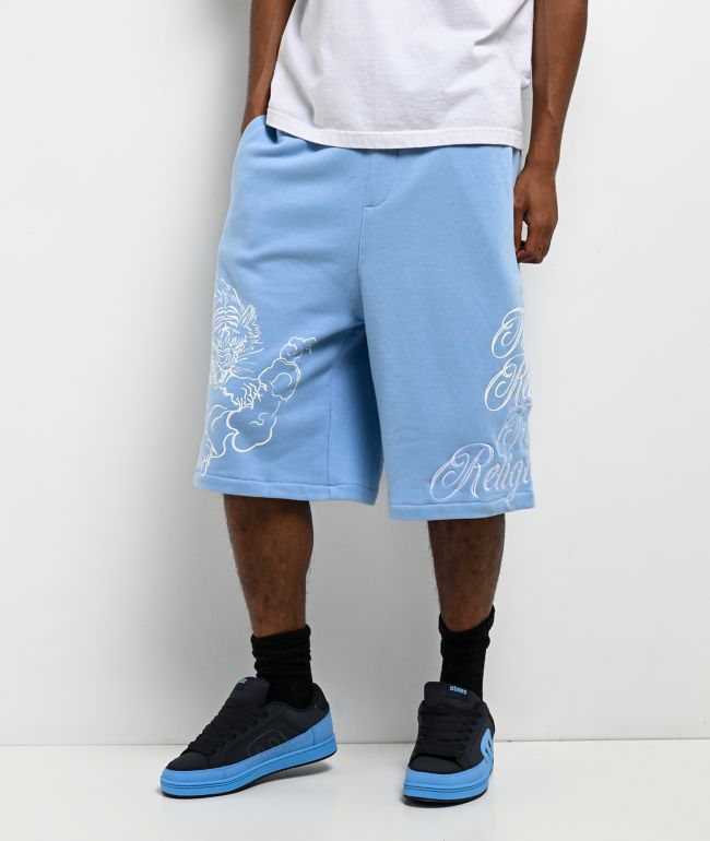 True Religion Mikey Tiger Script Blue Baggy Sweat Shorts - True Religion