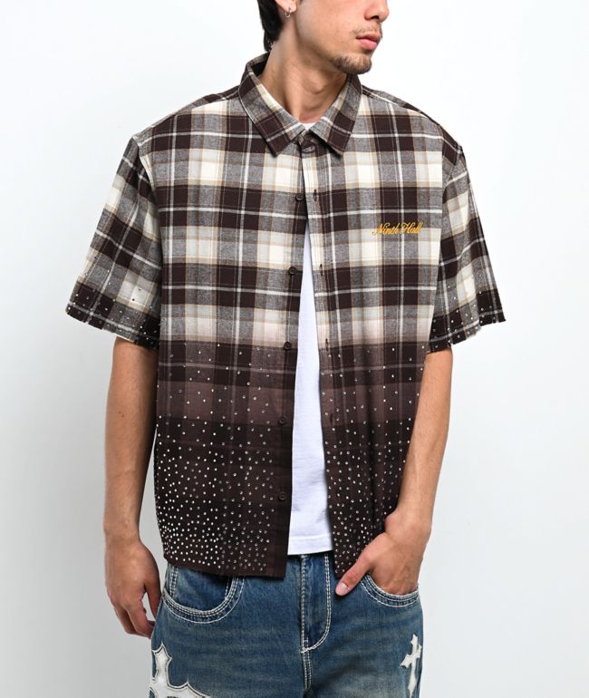 Ninth Hall Public Plaid Beige & Black Short Sleeve Button Up Shirt - Ninth Hall