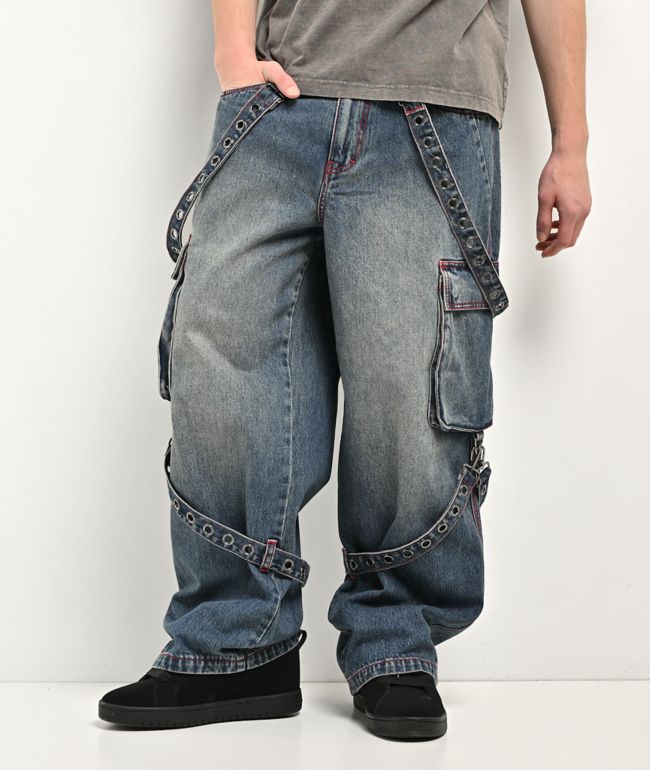 Vitriol Void Strappy Blue Wash Wide Leg Jeans - Vitriol