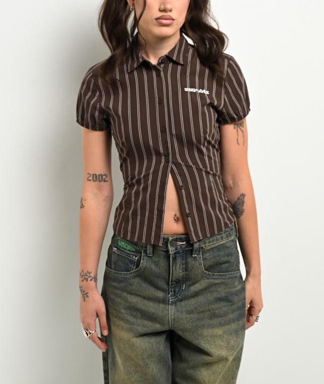 Empyre Alana Brown Pinstripe Button Up Shirt - Empyre