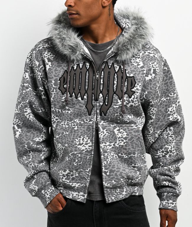 Empyre Transplant Grey Cheetah Faux Fur Zip Hoodie - Empyre
