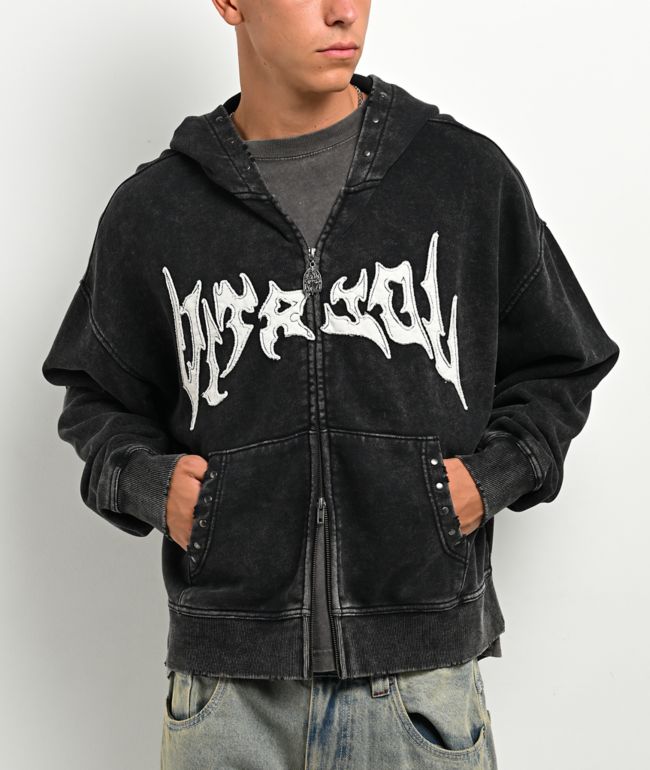 Vitriol Death Grip Studded Black Wash Crop Zip Hoodie - Vitriol