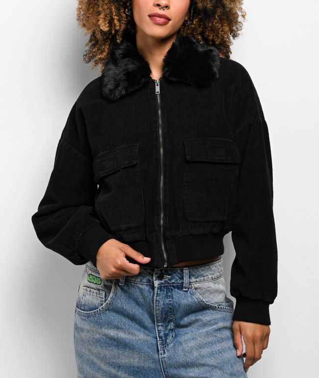 Faux Fur Black Corduroy Crop Bomber Jacket - STOOSH