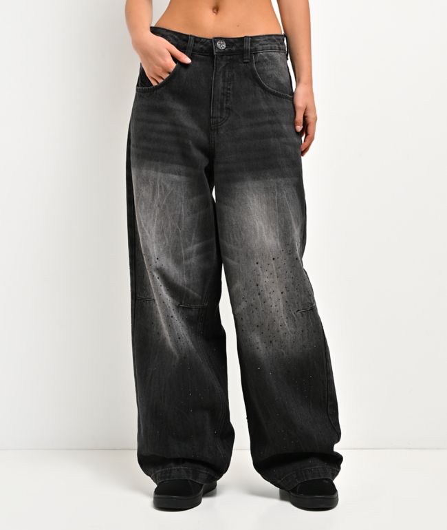 Ninth Hall Trina Rhinestone Black Wash Wide Leg Jeans - Ninth Hall
