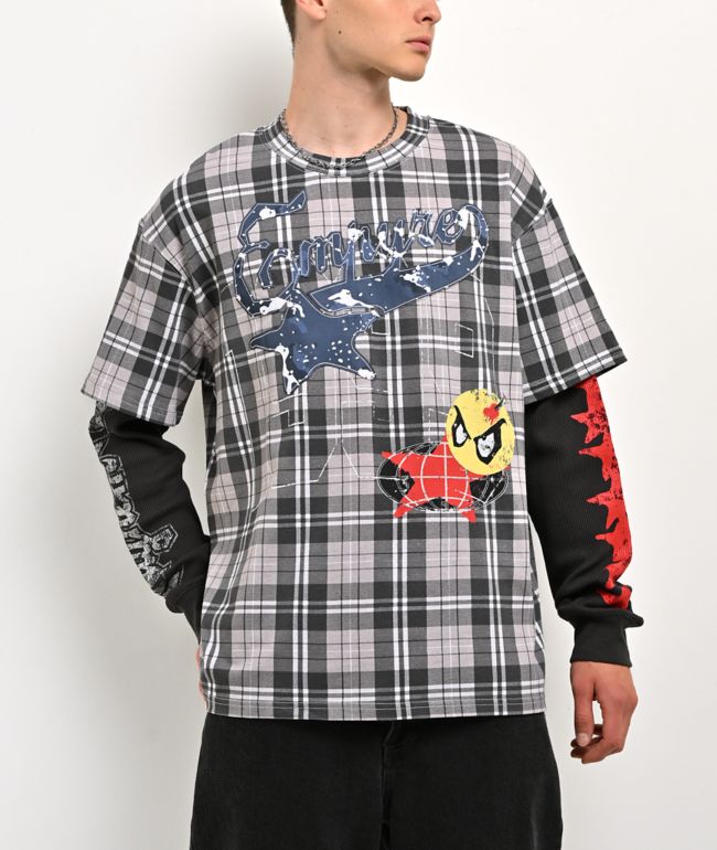 Empyre Jigsaw Grey Plaid 2fer Long Sleeve T-Shirt - Empyre