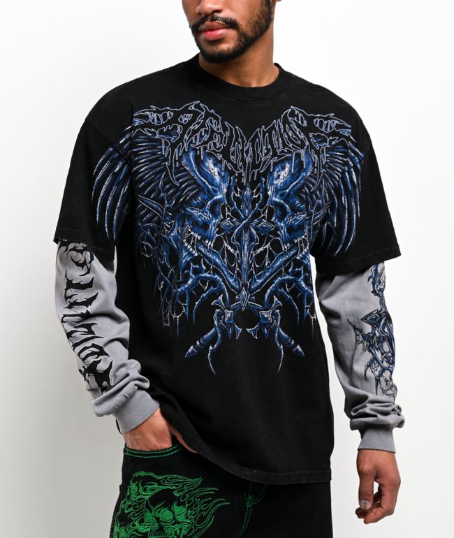 Affliction Toxic Wrath Black Wash & Grey 2fer Long Sleeve T-Shirt - Affliction