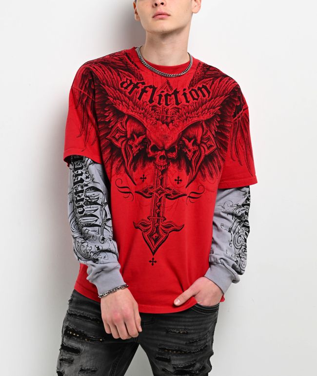 Affliction Death Eyes Red & Grey 2fer Long Sleeve T-Shirt - Affliction