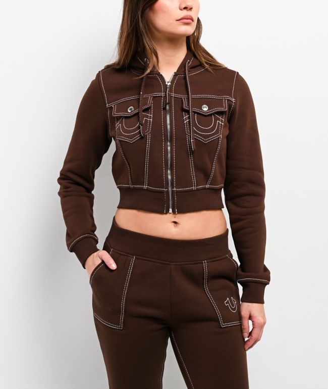 True Religion Big T Shrunken Burlwood Crop Zip Hoodie - True Religion