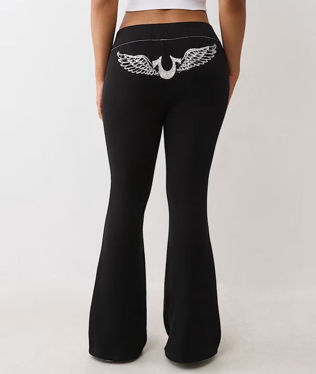 True Religion Crystal Wing Big T Black Flare Sweatpants - True Religion