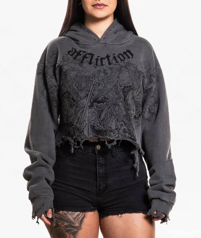 Affliction Angels Distressed Grey Wash Boxy Crop Hoodie - Affliction