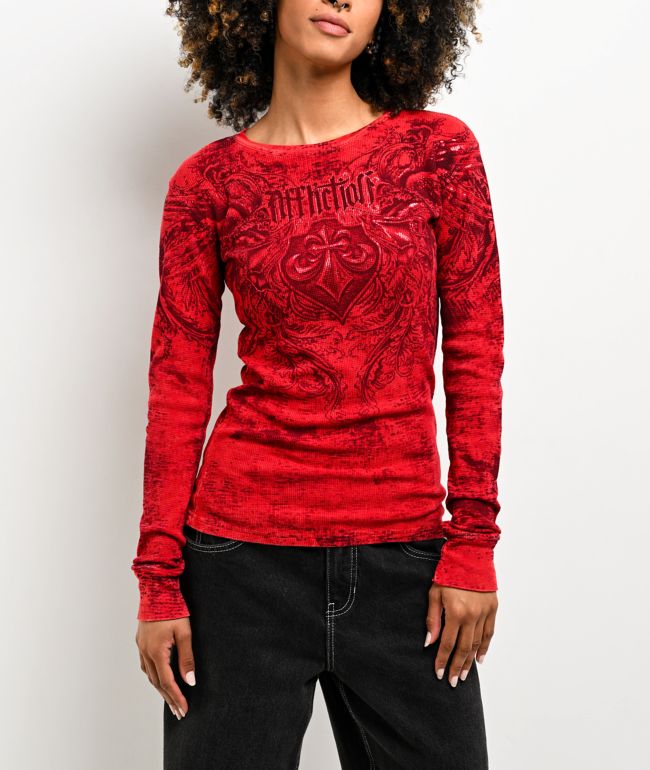Affliction Fleuresque Red Wash Thermal Long Sleeve T-Shirt - Affliction
