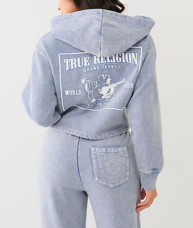 True Religion V Notch Blue Fog Wash Crop Hoodie - True Religion
