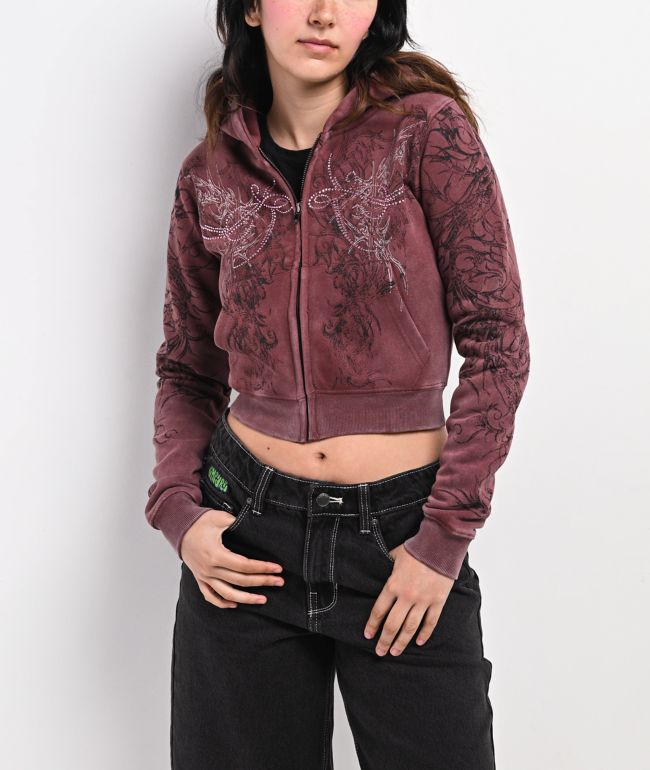 Insomnia Visuals Fever Red Wash Crop Zip Hoodie - Insomnia Visuals