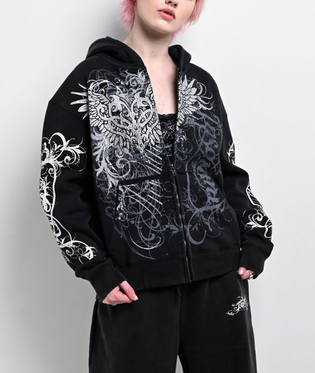 Insomnia Visuals Eternal Rhinestone Black Wash Zip Hoodie - Insomnia Visuals