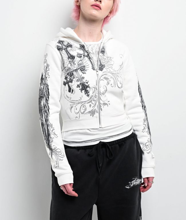 Insomnia Visuals Elegance White Crop Zip Hoodie - Insomnia Visuals
