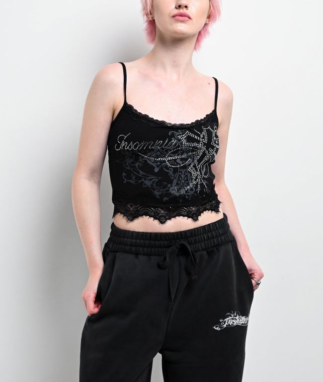 Insomnia Blessed Rhinestone Black Crop Tank Top - Insomnia Visuals