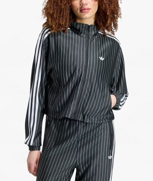 adidas Originals Firebird Pinstripe Black & Silver Metallic Crop Track Jacket - adidas
